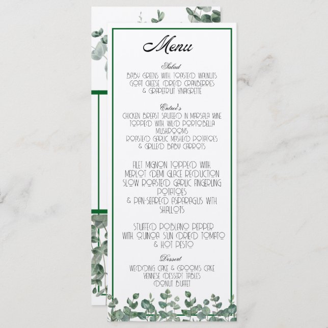 Eucalyptus Greenery Eleganten Botanical Boho Menu Program (Fram/baksida)