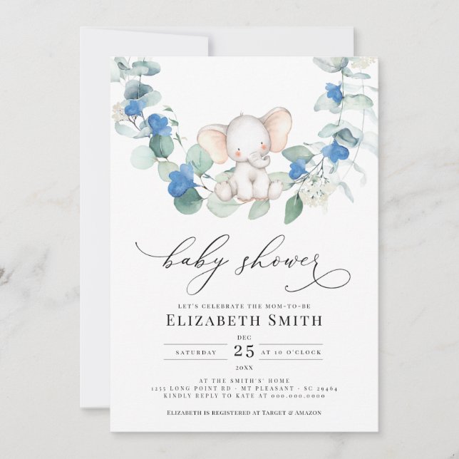 Eucalyptus Greenery Elephant Blue Pojke Shower Inbjudningar (Framsida)