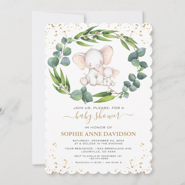 Eucalyptus Greenery Elephant Girl Baby Shower Inbjudningar (Framsida)