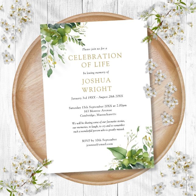 Eucalyptus Greenery Firande of Life Funeral Inbjudningar (Eucalyptus Greenery Celebration Of Life Funeral Invitation)