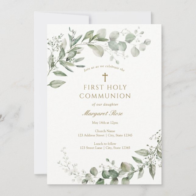 Eucalyptus Greenery First Communion Religious Inbjudningar (Framsida)