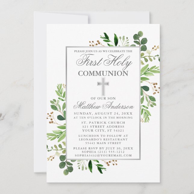 Eucalyptus Greenery First Communion Silver Inbjudningar (Framsida)