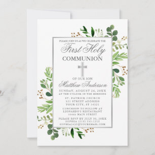 Eucalyptus Greenery First Communion Silver Inbjudningar