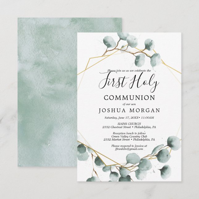 Eucalyptus Greenery First Heliga Communion Inbjuda Inbjudningar (Fram/baksida)
