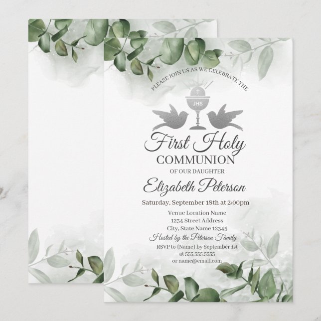 Eucalyptus Greenery First Heliga Communion Inbjudningar (Fram/baksida)