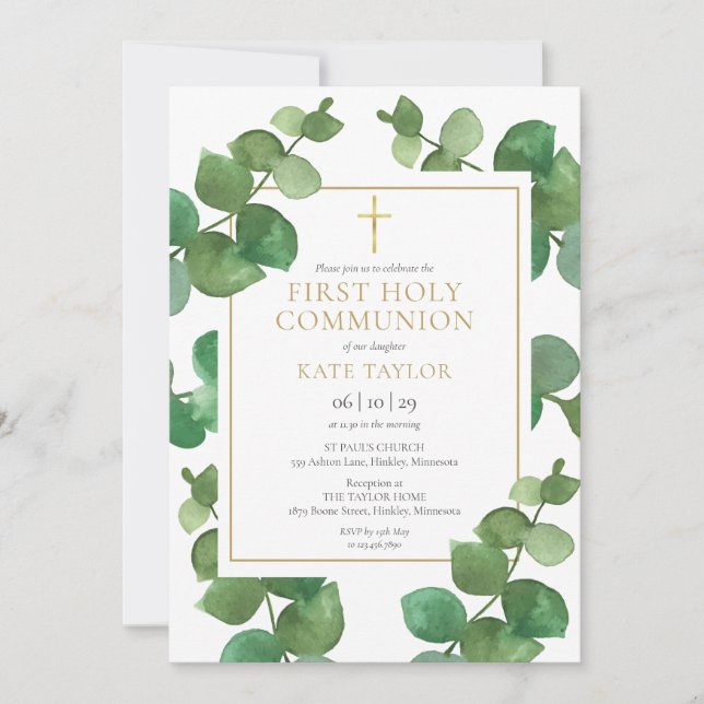 Eucalyptus Greenery First Heliga Communion Inbjudningar (Framsida)