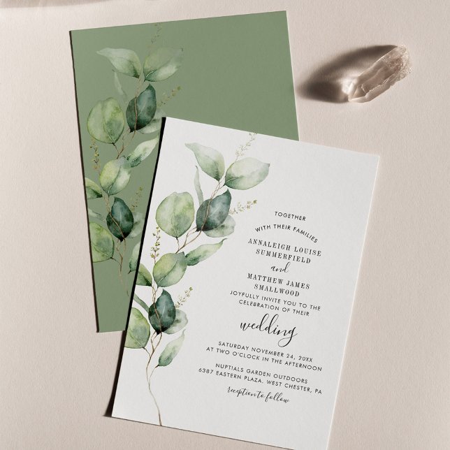 Eucalyptus Greenery Foliage Modern Bröllop Inbjudningar (Eucalyptus Watercolor Script Wedding Invitation)