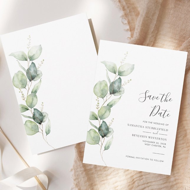 Eucalyptus Greenery Foliage Script Bröllop Spara Datumet (Eucalyptus Greenery Foliage Script Wedding Save The Date)