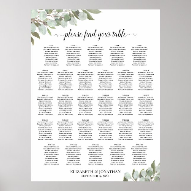 Eucalyptus Greenery för sätesschemat Bord 28 Bröll Poster (Framsidan)