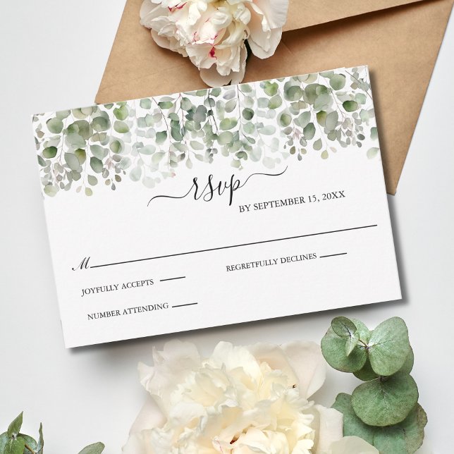 Eucalyptus Greenery Formal Elegant bröllop OSA Kort (Elegant Eucalyptus Wedding RSVP card, Traditional Classic and Formal. )