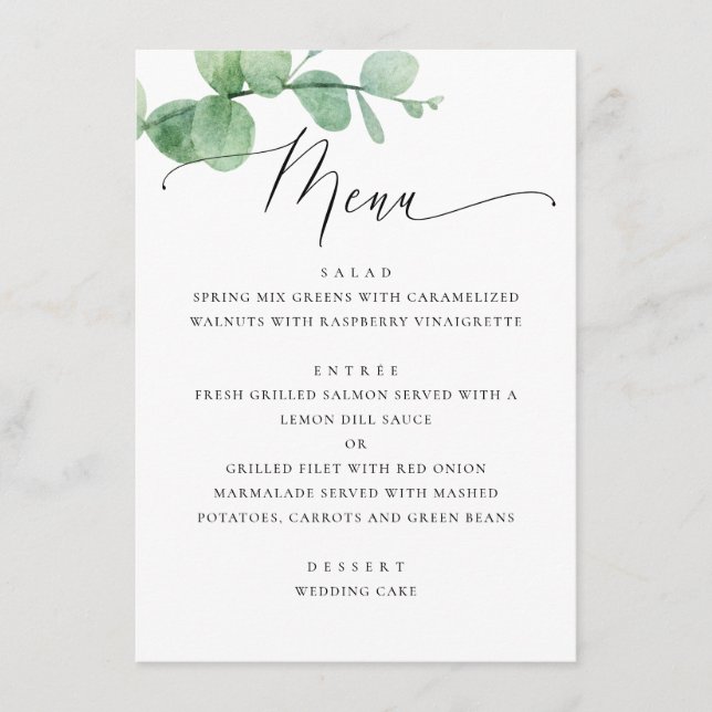 Eucalyptus Greenery Garden Wedding. Elegant Script Meny (Framsida)
