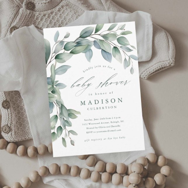 Eucalyptus Greenery Gender Neutral Baby Shower Inbjudningar (Elegant Eucalyptus Greenery Baby Shower Invitations.)