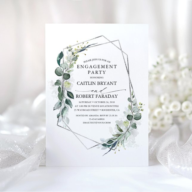 Eucalyptus Greenery Geometric Förlovningsfest Inbjudningar (Silver Greenery Engagement Party Invitations)
