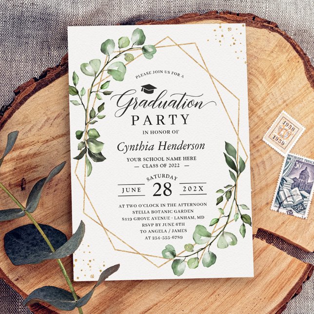 Eucalyptus Greenery Geometric Graduation Party Inbjudningar (Skapare uppladdad)