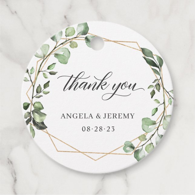 Eucalyptus Greenery Geometric Guld Ram Tack Gåvor Etiketter (Framsida)