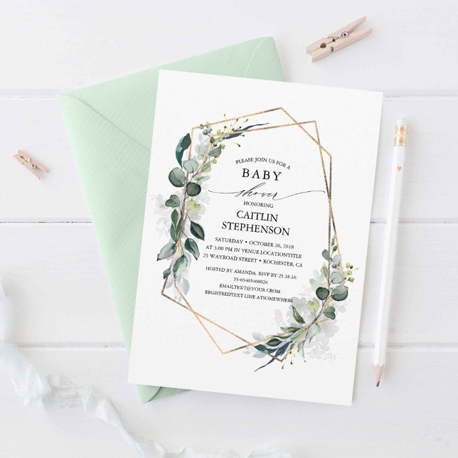 Eucalyptus Greenery Geometric Modern Baby Shower Inbjudningar (Eucalyptus Leaves Baby Shower Invitations)
