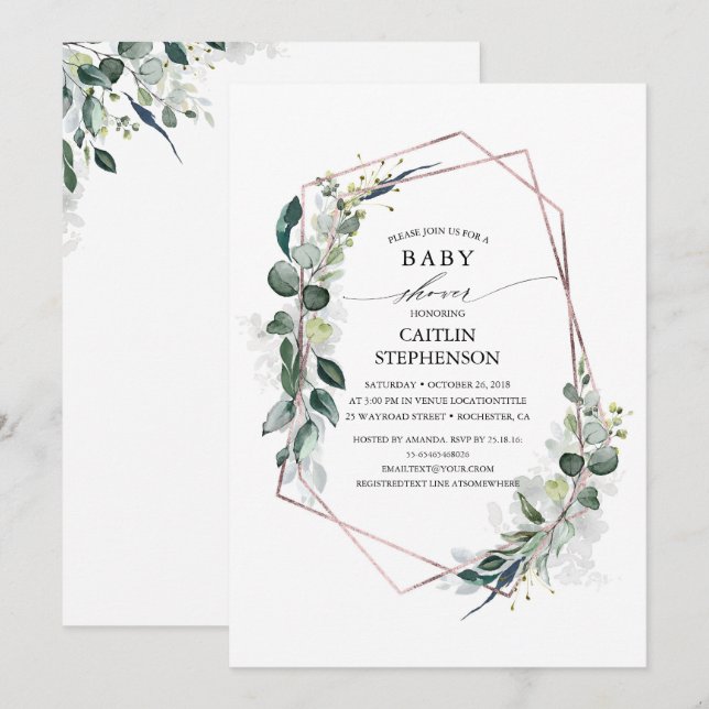 Eucalyptus Greenery Geometric Modern Baby Shower Inbjudningar (Fram/baksida)