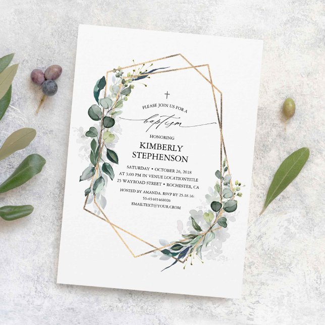 Eucalyptus Greenery Geometric Modern Baptism Inbjudningar (Eucalyptus Greenery Baptism Invitations)
