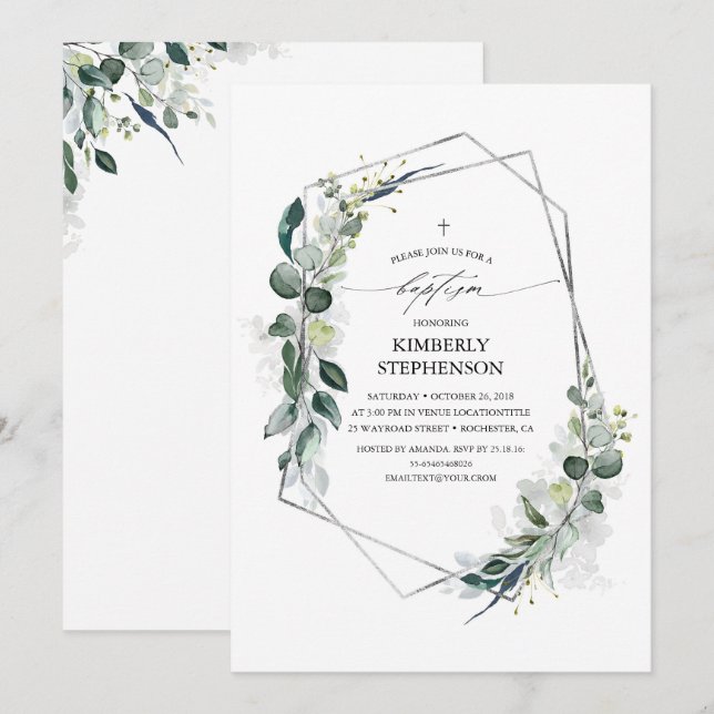Eucalyptus Greenery Geometric Modern Baptism Inbjudningar (Fram/baksida)