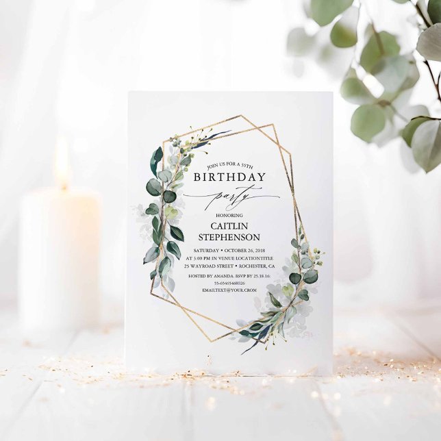 Eucalyptus Greenery Geometric Modern Birthday Inbjudningar (Greenery Birthday Invitations)