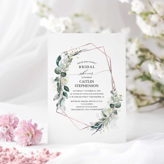 Eucalyptus Greenery Geometric Modern Möhippa Inbjudningar (Rose Gold Greenery Bridal Shower Invitations)