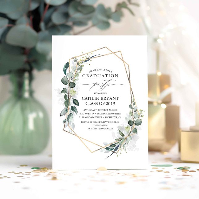 Eucalyptus Greenery Geometric Modern Studenten Inbjudningar (Greenery Graduation Party Invitations)