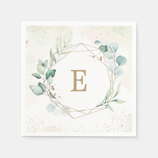 Eucalyptus Greenery Geometric Monogram Bröllop Pappersservett (Framsidan)
