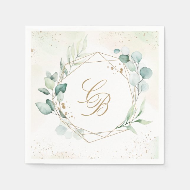 Eucalyptus Greenery Geometric Monogram Bröllop Pappersservett (Framsidan)