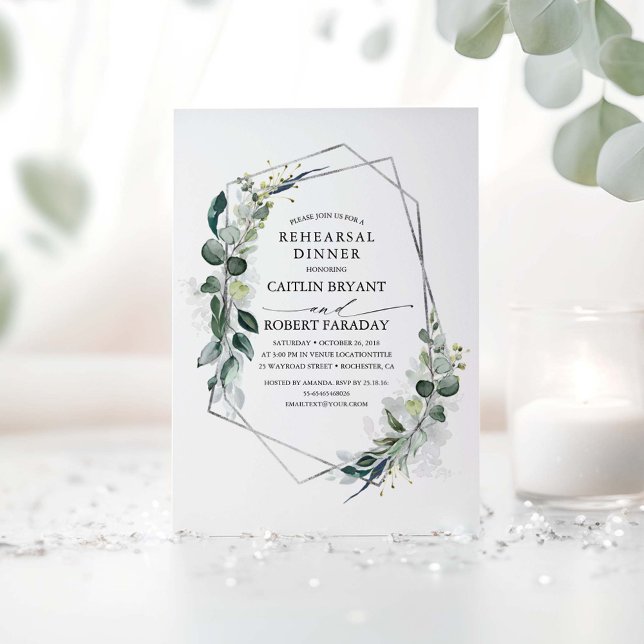 Eucalyptus Greenery Geometric Rehearsal Dinner Inbjudningar (Silver Greenery Rehearsal Dinner Invitations)