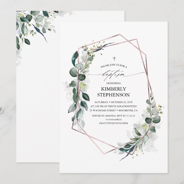 Eucalyptus Greenery Geometric Ro Guld Baptism Inbjudningar (Fram/baksida)