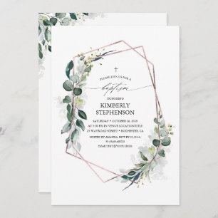 Eucalyptus Greenery Geometric Ro Guld Baptism Inbjudningar
