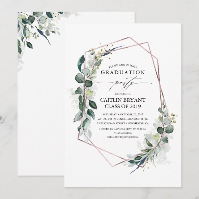 Eucalyptus Greenery Geometric Ro Guld Studenten Inbjudningar (Fram/baksida)