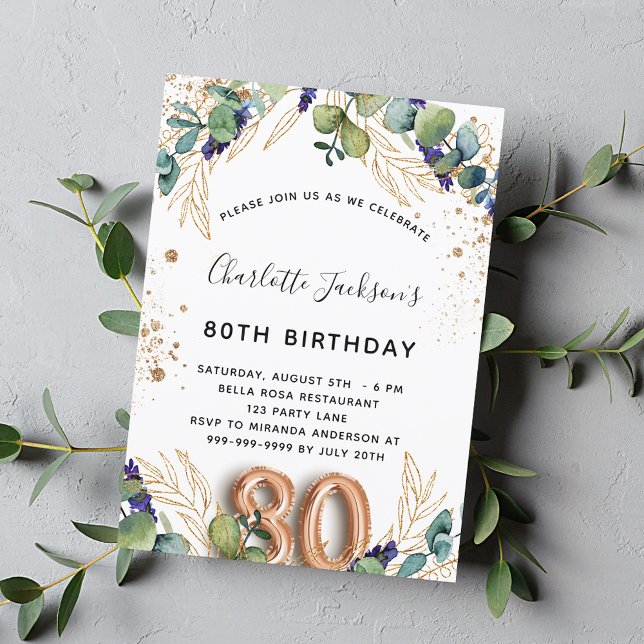 Eucalyptus greenery glitter elegant på 80 år inbjudningar (Skapare uppladdad)