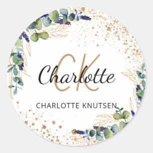 Eucalyptus greenery glitter monogram tack runt klistermärke