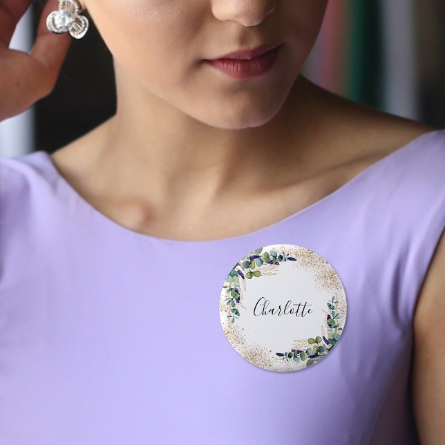 Eucalyptus greenery glitter namn bricka knapp (Skapare uppladdad)