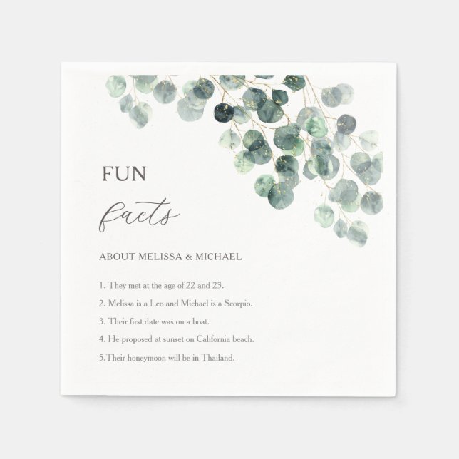 Eucalyptus Greenery Gold Fun Facts Wedding  Pappersservett (Framsidan)