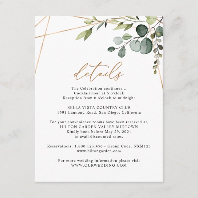 Eucalyptus Greenery Gold Geometric Details Wedding Tilläggskort (Framsida)