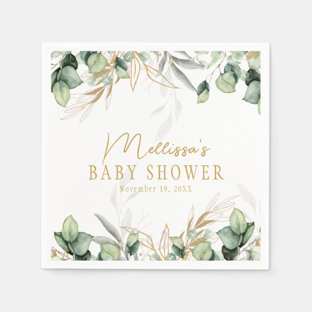 Eucalyptus Greenery Grönt Löv & Guld Baby Shower Pappersservett (Framsidan)