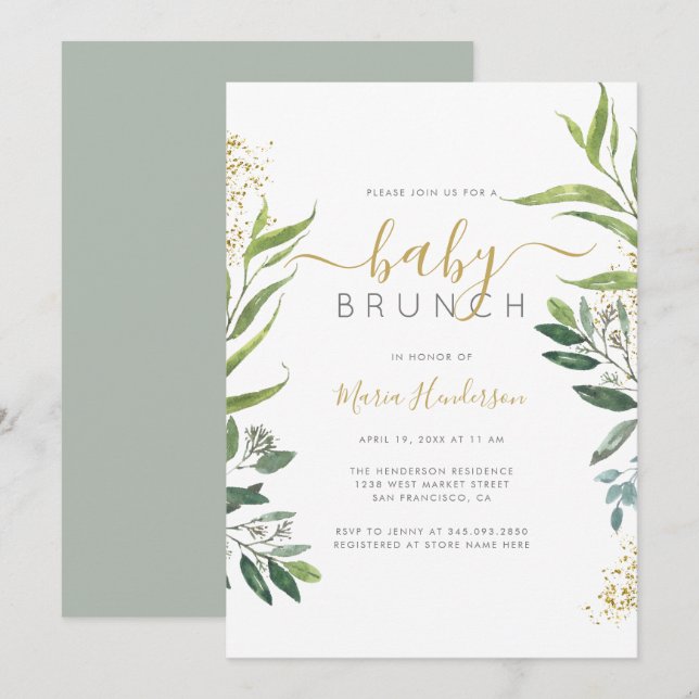 Eucalyptus Greenery & Guld Baby Shower Brunch Inbjudningar (Fram/baksida)