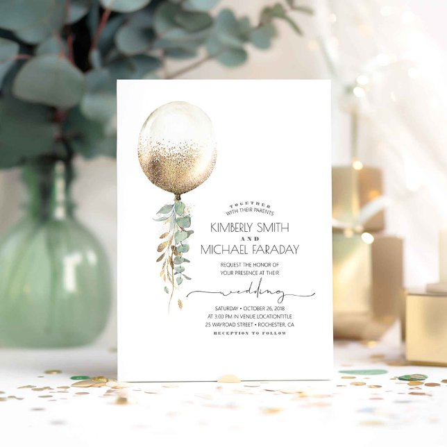 Eucalyptus Greenery Guld Balloon Elegant bröllop Inbjudningar (Greenery Balloon Minimalist Wedding Invitations)