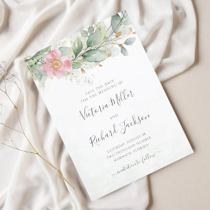 Eucalyptus Greenery Guld Blommigt Elegant bröllop Spara Datumet