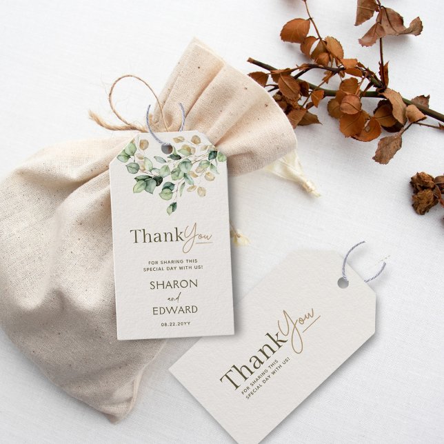 Eucalyptus Greenery & Guld Chic Bröllop Tack Presentetikett (Skapare uppladdad)