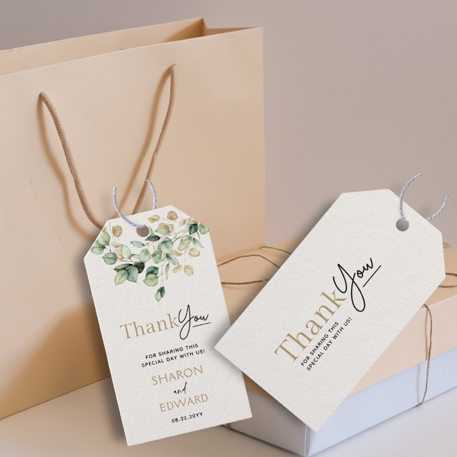 Eucalyptus Greenery & Guld Chic Bröllop Tack Presentetikett (Skapare uppladdad)