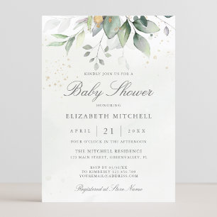 Eucalyptus Greenery Guld Elegant Baby Shower Inbjudningar