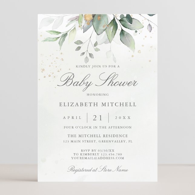 Eucalyptus Greenery Guld Elegant Baby Shower Inbjudningar (Skapare uppladdad)