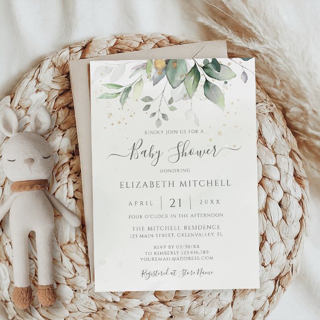 Eucalyptus Greenery Guld Elegant Baby Shower Inbjudningar (Skapare uppladdad)