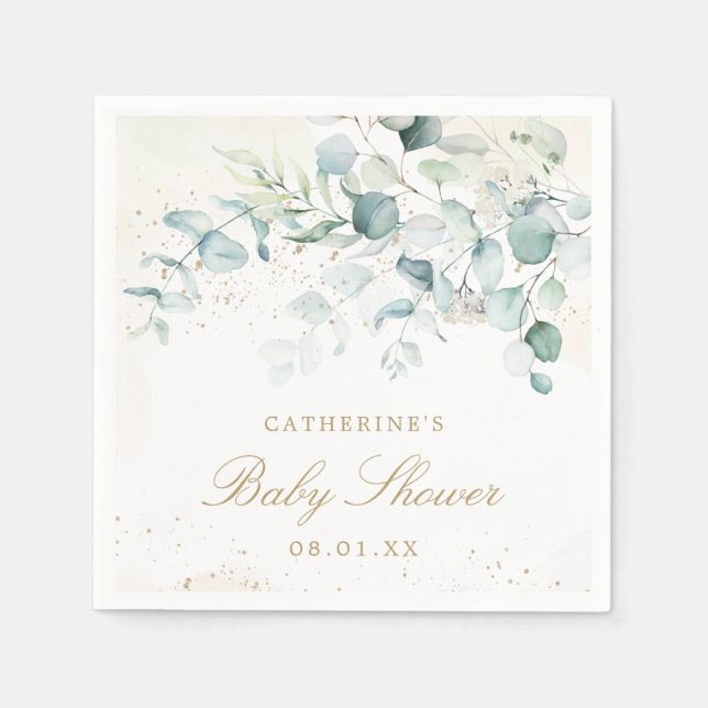 Eucalyptus Greenery Guld Elegant Girl Baby Shower Pappersservett (Framsidan)