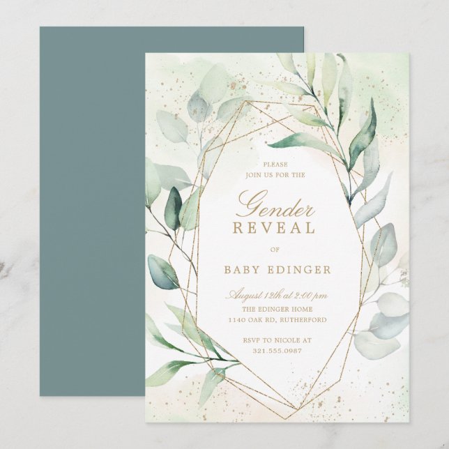 Eucalyptus Greenery Guld Geometric Gender Reveal Inbjudningar (Fram/baksida)