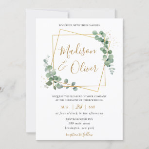 Eucalyptus Greenery Guld Geometric Modern Bröllop Inbjudningar