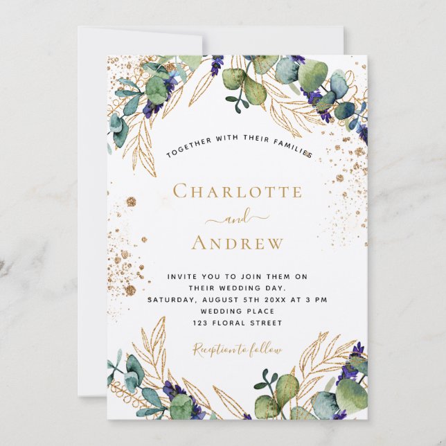 Eucalyptus greenery guld glitter lyxur bröllop inbjudningar (Framsida)